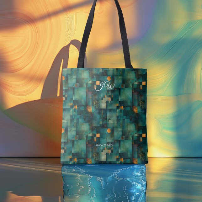 Abstrato Teal Personalizado Tote Bag com Iniciais (Criador carregado)