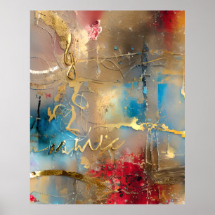 Abstrato Watercolor Gold Poster vermelho