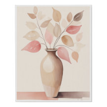 Abstrato Watercolor Vase com Folhas de Pintura Des