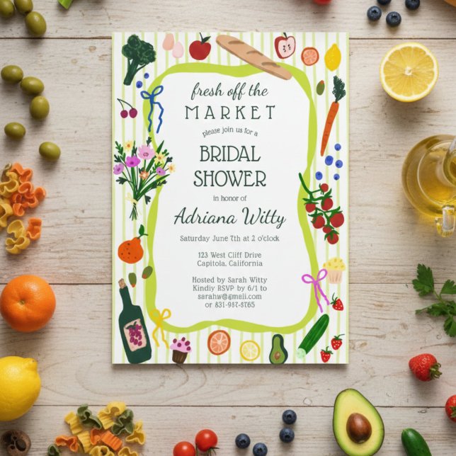 ACABADO DE CHEGAR AO MERCADO Cute Convite de Chá d (FRESH OFF THE MARKET Cute Custom Bridal Shower Invitation
)