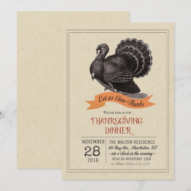 Ação de Graças Vintage Turquia Convite (Frente/Verso)