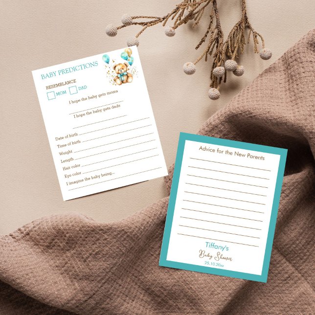 Aconselhamento sobre pré-discórdia do bebê chá de  (Teddy bear baby shower Baby predictions and advice card bearly wait cute teddy aqua blue brown games)