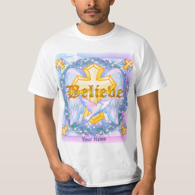 Acredite em T-Shirt Dourado da Cruz Cristã (Frente)