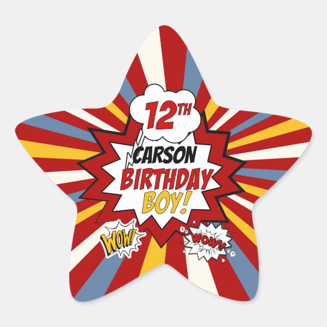 Adesito Estrela 12 Birthday Boy Super-Heroi Comic com Nome (Frente)