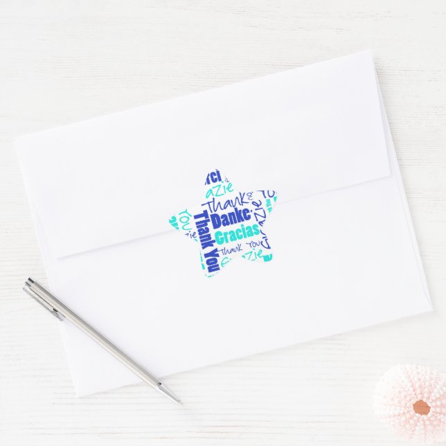 Adesito Estrela Azul / Turquesa Multilíngue Obrigado Palavra (Envelope)