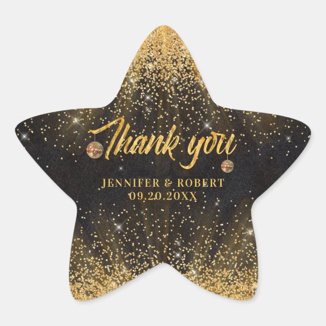 Adesito Estrela Black Gold Glitter Disco Balls Wedding Thank You (Frente)