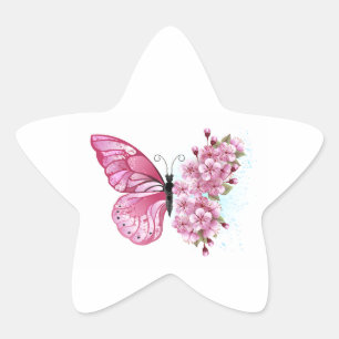 Adesito Estrela Borboleta Flor com Sakura Rosa