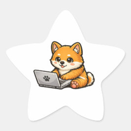 Adesito Estrela Cute Shiba Inu com Laptop – Ilustração de Cachorro