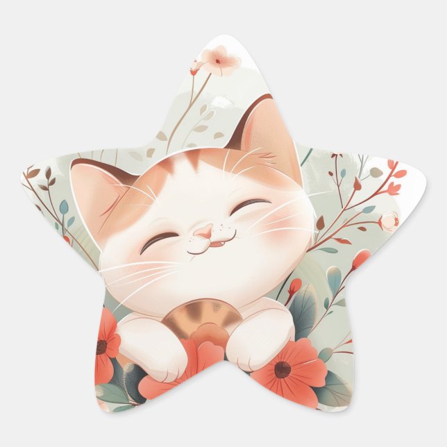 Adesito Estrela Gato De Chibi Bonito Em Flores Que Sofrem Adolesce (Frente)