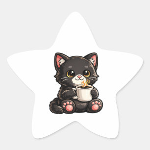 Adesito Estrela Gato Preto Fofo com Café