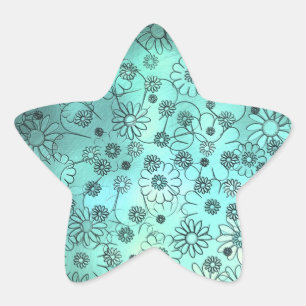 Adesito Estrela Padrão Floral Azul Turquesa Fofo