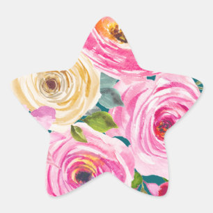 Adesito Estrela Rosas em Aquarela em Rosa e Creme em Azul Turquesa