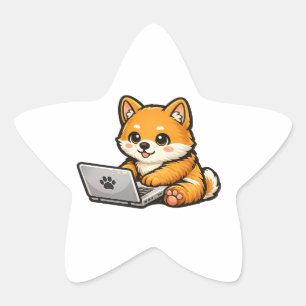 Adesito Estrela Shiba Inu Fofo com Laptop – Design de Cachorro Aco