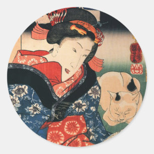 Adesivo 女と眠る猫, mulher do 国芳 e gato do sono, 