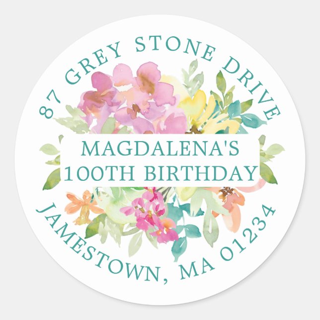 Adesivo 100º Aniversário do Verão Floral Rótulo de Endereç (Frente)