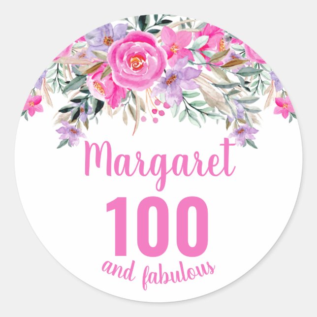 Adesivo 100.º aniversário cor-de-água rosa floral (Frente)