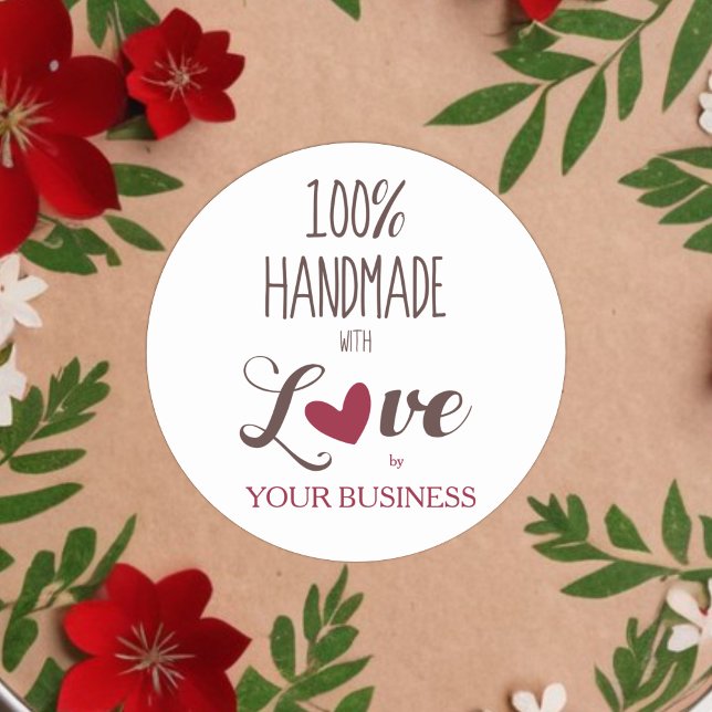 Adesivo 100% Quote Craft Articles Handmade (Romantic Rustic 100% Handmade with Love Quote Classic Round Sticker with Red Heart. )