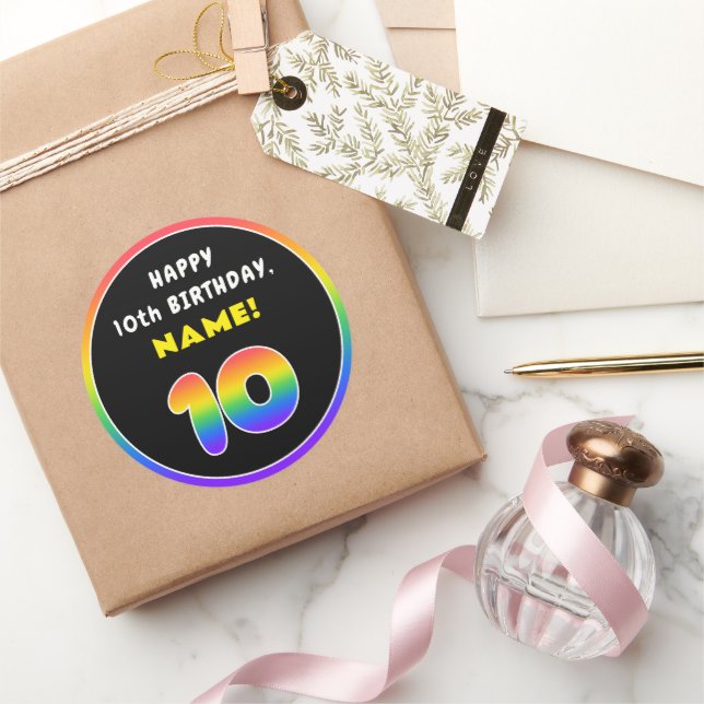 Adesivo 10.º aniversário: Arco-Íris Colorido nº 10, Nome P (Presentear)
