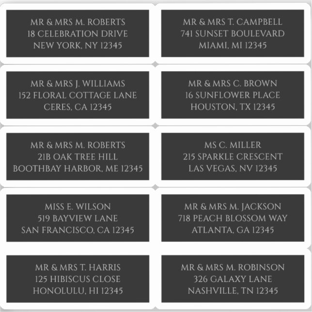 Adesivo 10 Nome de Convidado Individual Endereço Preto Mís (Frente)