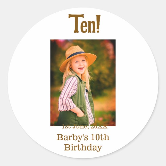 Adesivo 10th birthday photo name date simple brown beige b (Frente)