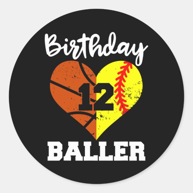 Adesivo 12 Birthday Baller Diversão de 12 anos de Softball (Frente)