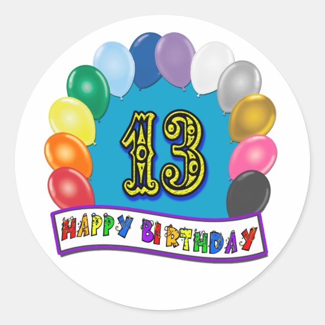 Adesivo 13 Birthday dá presentes com Design de balões asso (Frente)