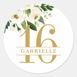 Adesivo 16.º Aniversário - Dourado Floral Branco Persona
