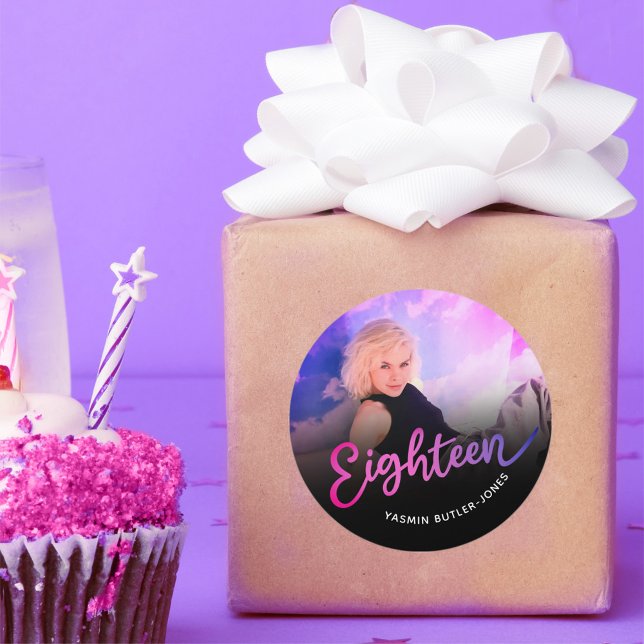 Adesivo 18 Foto de aniversário Foto rosa púrpura preto (Criador carregado)