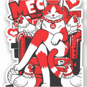 Adesivo 2026 Feliz Ano MEOW Gato Vermelho & Galinhas Diver