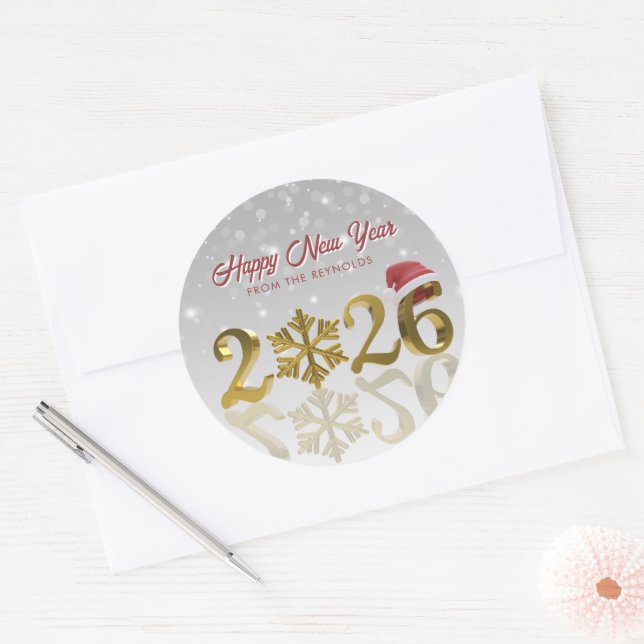 Adesivo 2026 Golden New Year with Snowflake and Santa Hat (Envelope)