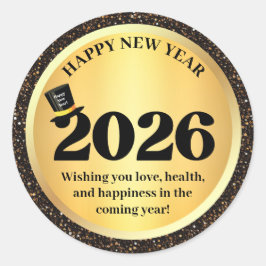 Adesivo 2026 happy new year, gold black sparkles 