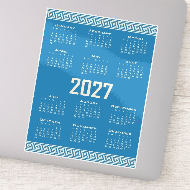 Adesivo 2027 Calendar, Greek Fret, Cosmic Latte on Blue (Detalhe)