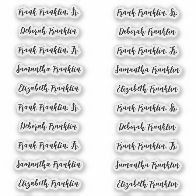 Adesivo 20 Nomes de Convidados Moderno Script Caligrafia N (Frente)