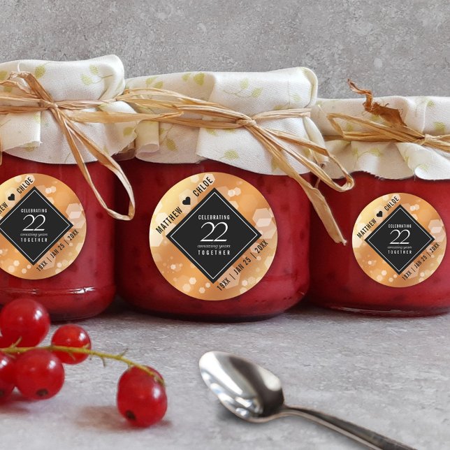 Adesivo 22º aniversário do Casamento de Cobre (Elegant 22nd Copper Wedding Anniversary Round Sticker Cover Photo.)