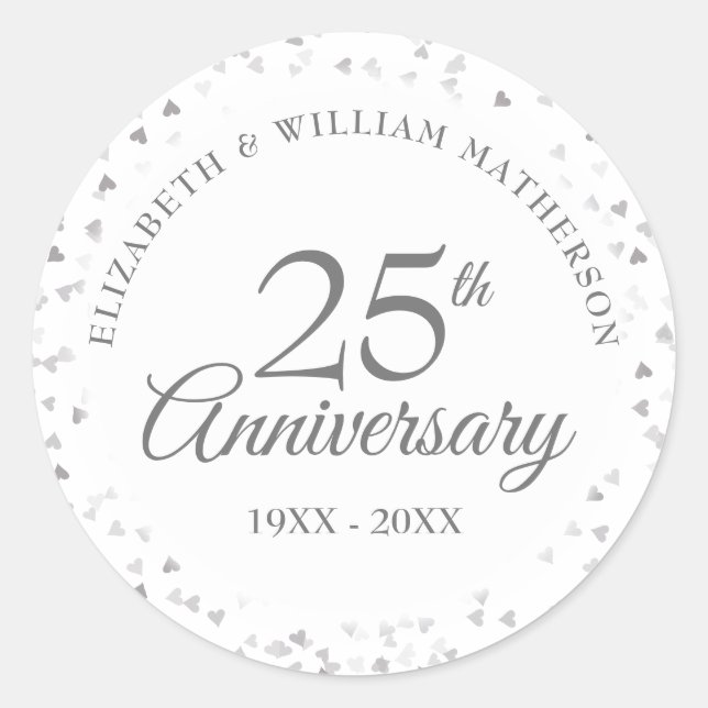 Adesivo 25 Aniversário do Silver Love Hearts Confetti (Frente)