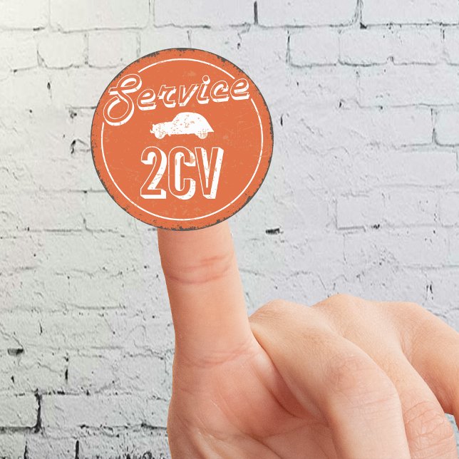 Adesivo 2CV Service Vintage (2CV Round Sticker in Orange with a White Vintage Text and Deux Chevaux Illustration)