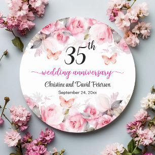 Adesivo 35º Aniversário de Bodas de Coral Rosas Cor-de-Ros