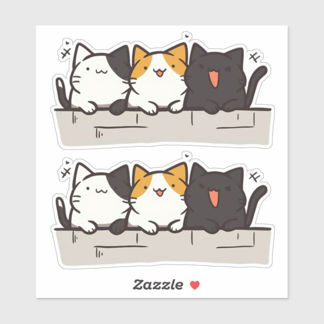 Adesivo 3 Felizes Gatos Kawaii Chibi (Folha)