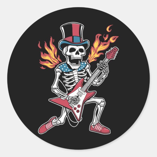 Adesivo 4 de julho Skeleton tocando guitarra Rock and Roll (Frente)