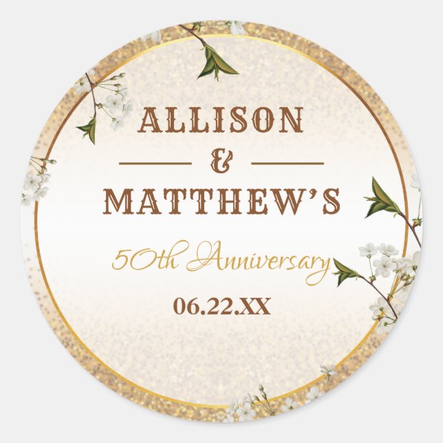 Adesivo 50º aniversário Dourado de Casamento Floral da Fra (Frente)
