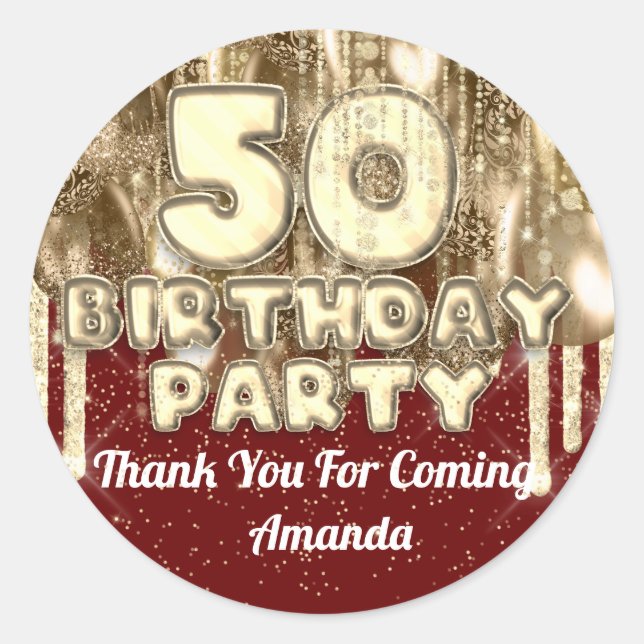 Adesivo 50º aniversário Dourados BALLONS Obrigado burgundy (Frente)