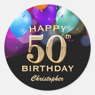 Adesivo 50º Balões Pretos e Dourados com Festa de aniver
