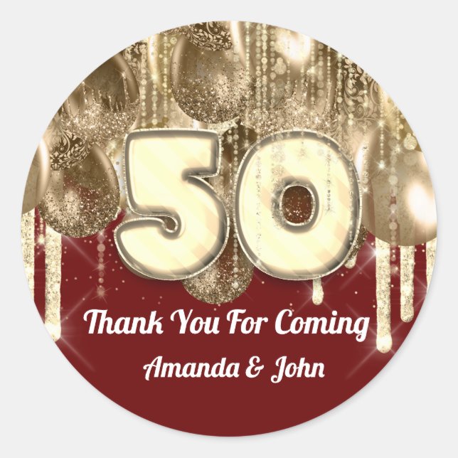 Adesivo 50º Burgundy BALLONS DOURADO Obrigado por vir (Frente)