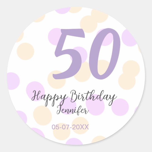 Adesivo 50th birthday add name date purple orange polkadot (Frente)