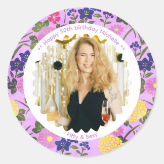 Adesivo 50th birthday photo name pink floral elegant