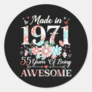 Adesivo 55 Anos Feito em 1971 Floral Aniversário de 55 Ano