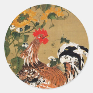 Adesivo 5. 向日葵雄鶏図, girassol do 若冲 e galo,