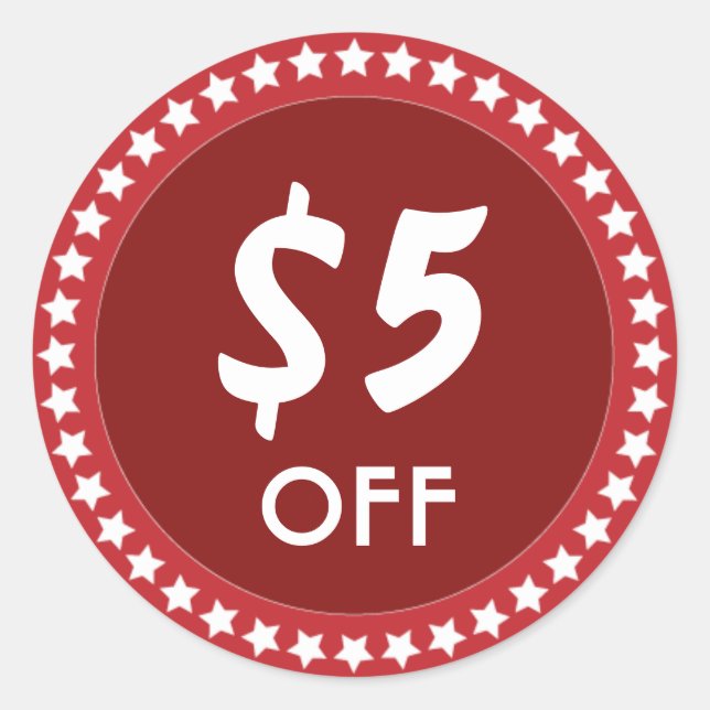 Adesivo 5 Dólares OFF Sales Discount Red Sticker (Frente)