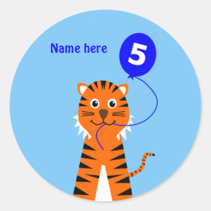 Adesivo 5 tigre de aniversário adicione nome azul