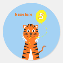 Adesivo 5 tigre de aniversário adicione nome azul laranja